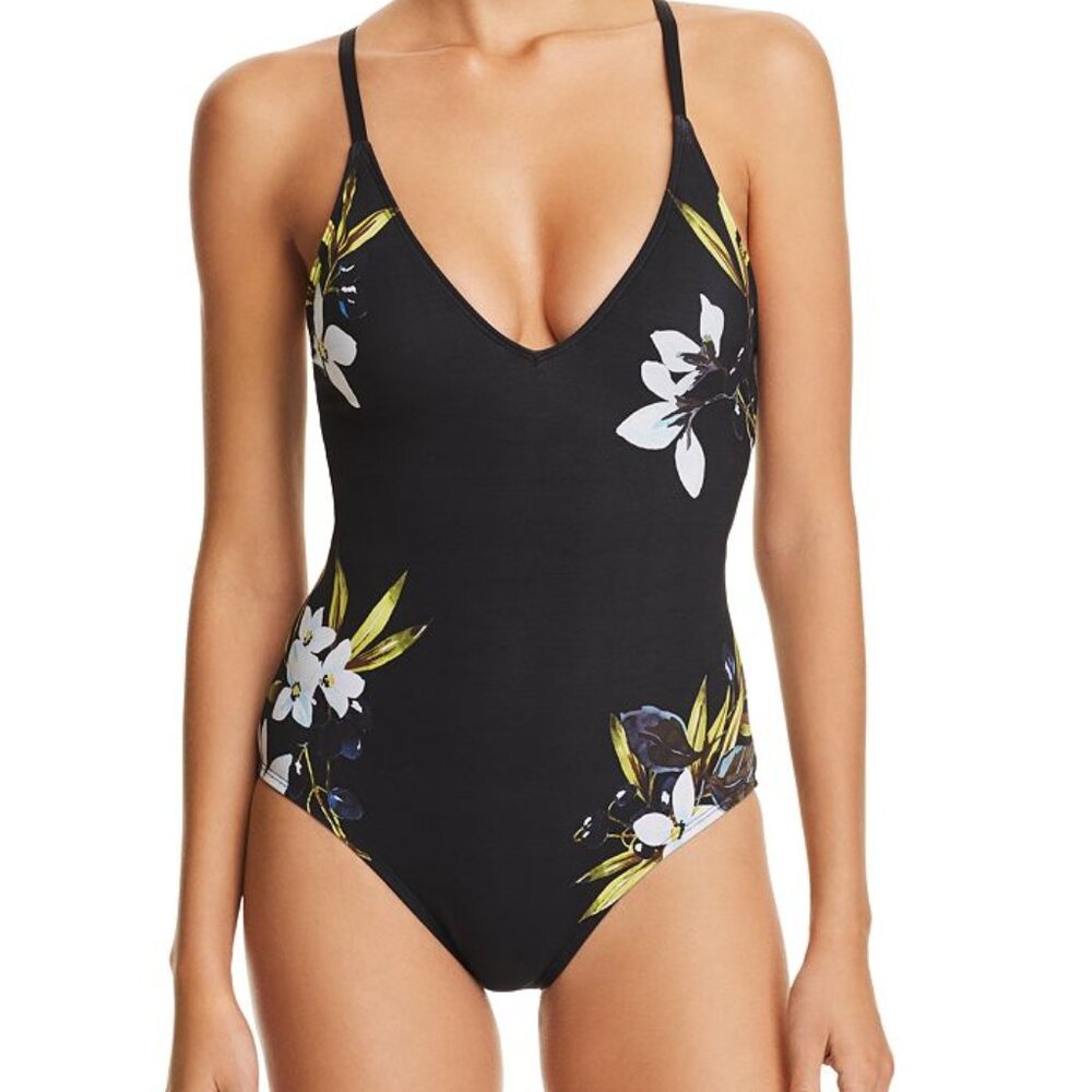 La Blanca, "Dirty Martini", lace-back one-piece, black, size 10